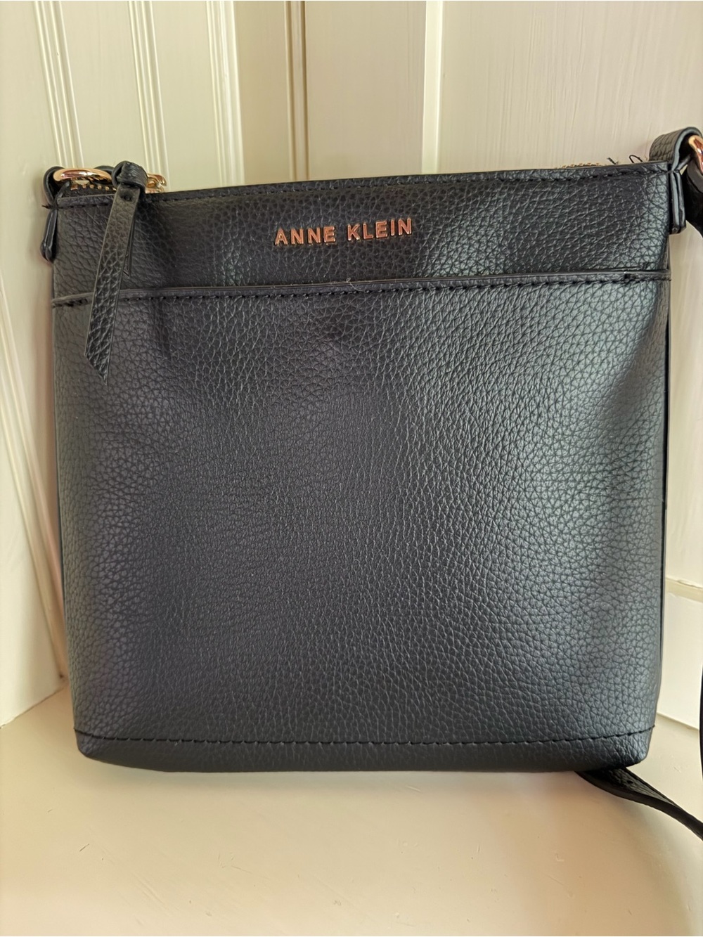 Black Pebbled Faux Leather Crossbody with Gold Hardware